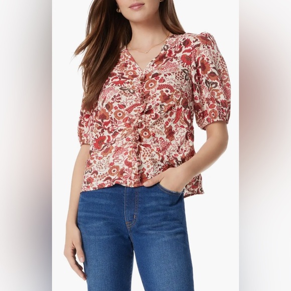 NEW Sam Edelman Dakota Shirred Puff Sleeve Top Seed Pearl Bouquet Women’s XL - Picture 1 of 12